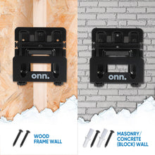 Black adjustable wall mount bracket shown on wood and masonry/concrete wall, with screws