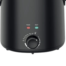Matte black deep fryer front view showing power/ready lights and temperature dial