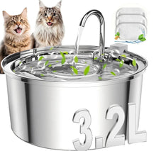 Stainless steel pet water fountain bowl with bubbling water and green floating leaves