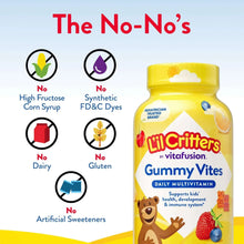 Yellow Lil Critters Gummy Vites bottle with no-noes ingredient icons
