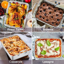 Roasting pan and wire rack set shown with roast turkey, brownies, casserole, and lasagna