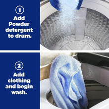 Laundry detergent powder guide showing powder added to a washing machine drum