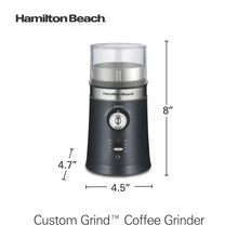 Black electric coffee grinder with clear hopper, with dimension diagram