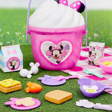 Pink Minnie Mouse bucket with heart graphic, with purple and orange pretend food shapes