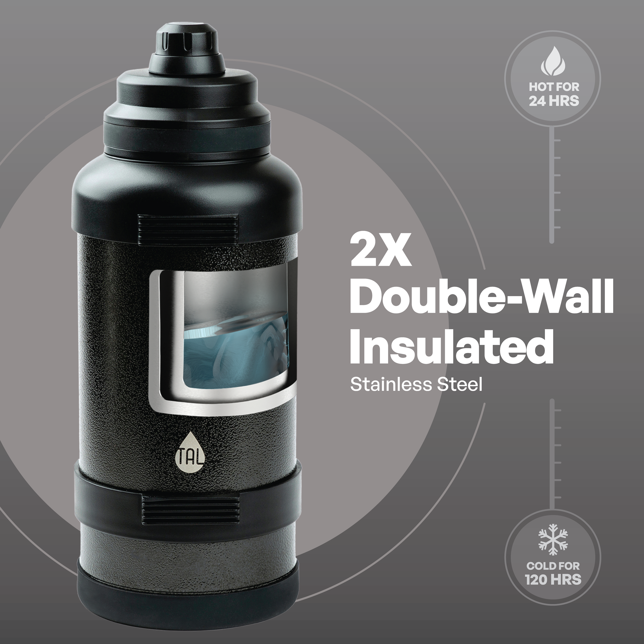TAL 3 Liter Stainless Steel Zeus Black Water Bottle with Leak-Proof Lid