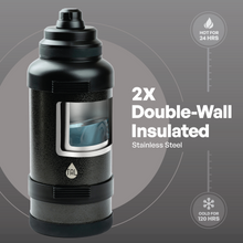 Black stainless steel double-wall insulated water bottle with flip-top lid