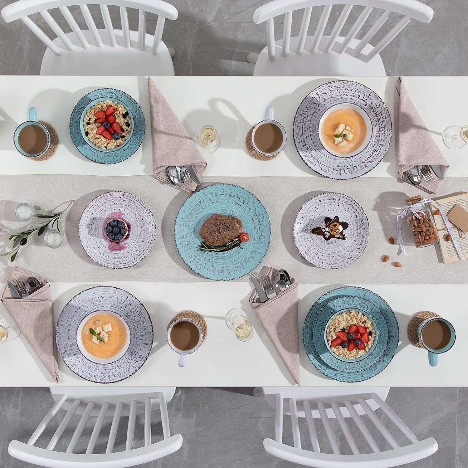 Vancasso, Series Vine, 16-Piece Stoneware Dinnerware Set, Blue and Beige Dinner Set, Service for 4