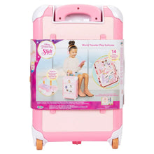 Pink kids play suitcase with top handle cutout and travel-themed accessory window