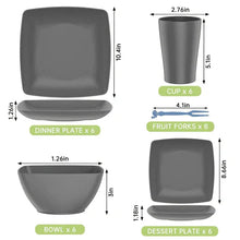 Gray square plates, bowls, cups and fruit forks with size labels