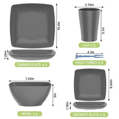 GPED 32 Pcs Wheat Straw Square Dinnerware Sets For 6, Unbreakable Dish Sets, Reusable Plates and Bowls Sets, Dinner Plates, Travel Camping Cutlery Set, Dishwasher Microwave Safe, Gray