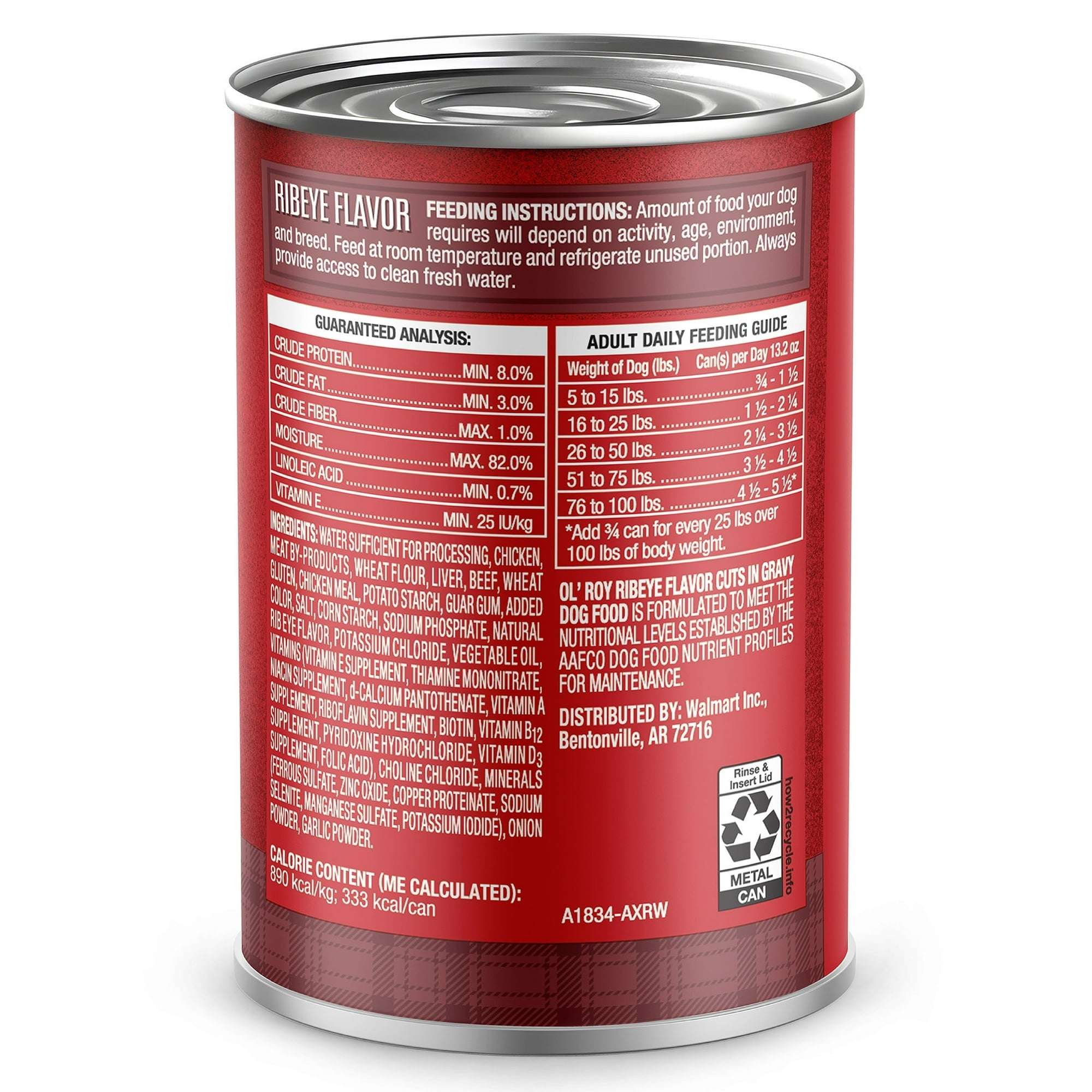 Ol' Roy Ribeye Flavor Cuts in Gravy Wet Dog Food, 13.2 oz Can