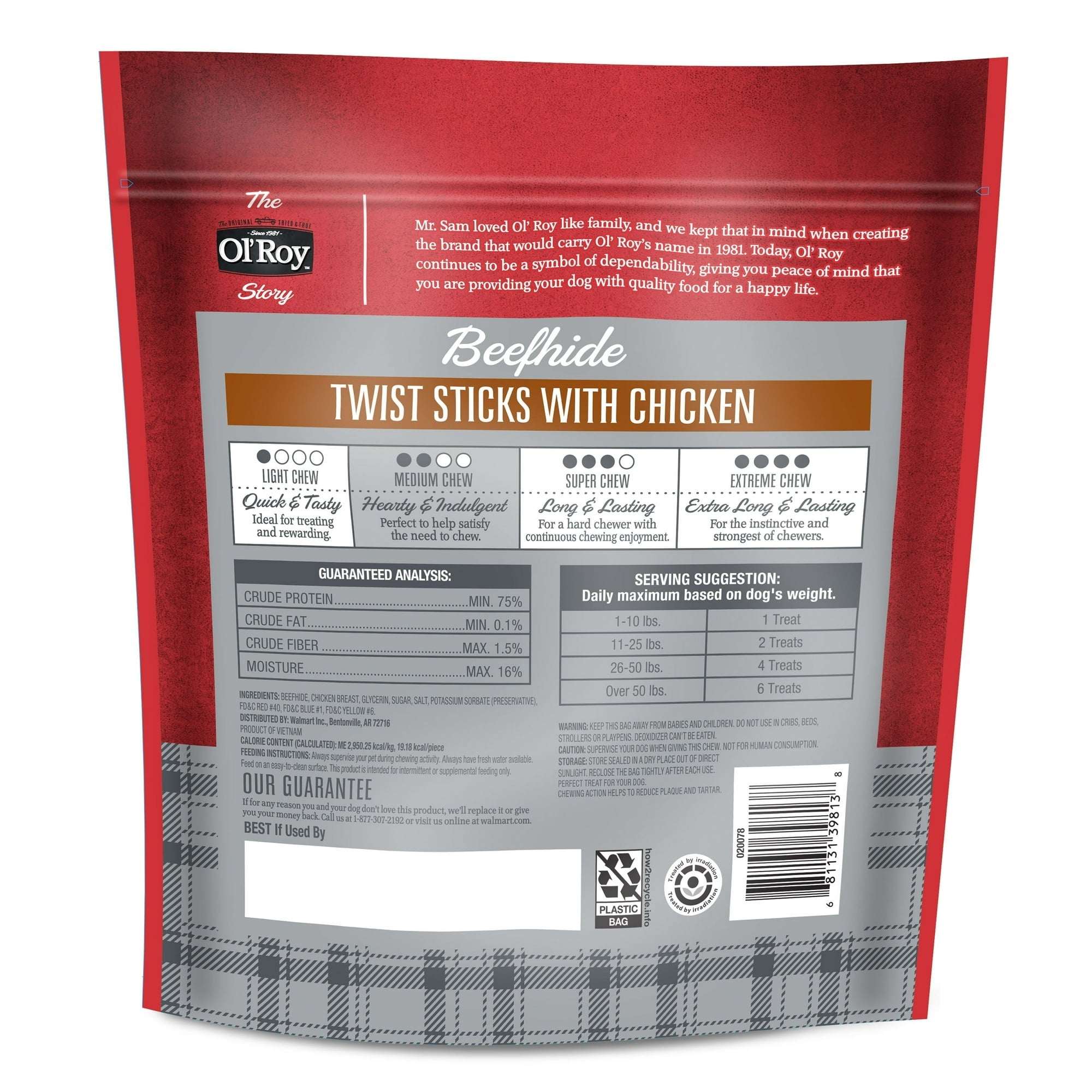 Ol'Roy Rawhide Chicken Sticks, Dog Treats, Chicken Flavor, 5 inch, 50ct Pack