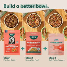 Dog food build-a-bowl graphic with three Jinx packages