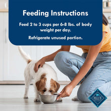 Feeding instructions panel showing a person serving wet dog food to a dog