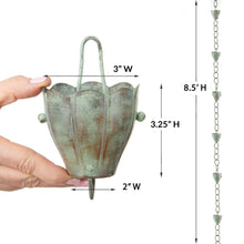 Copper rain chain with patina cup links; 8.5 ft hanging length shown