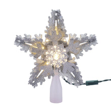 Silver glitter snowflake tree topper with warm LED lights, plastic cone base