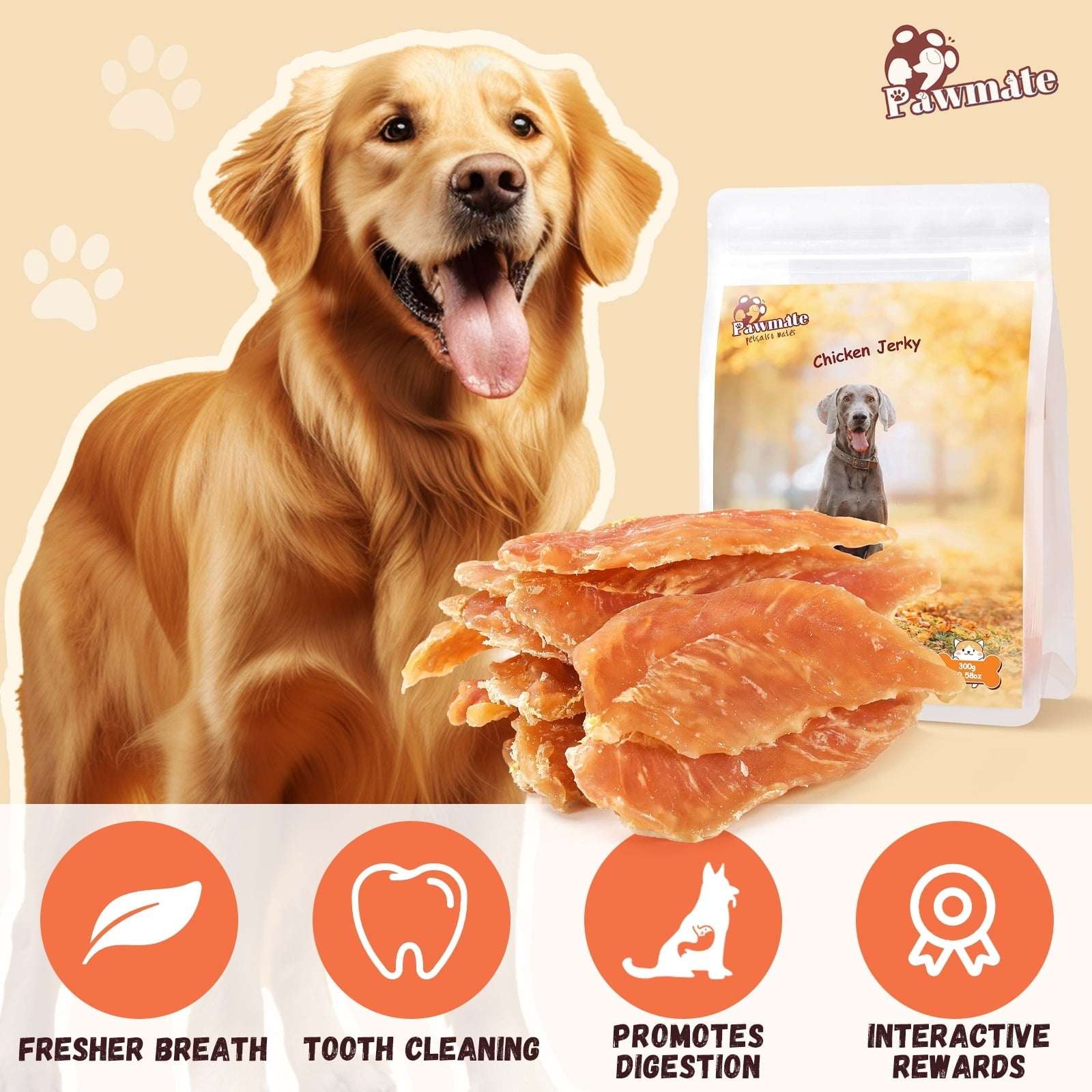 Pawmate Chicken Jerky Dog Treats, High Protein Pure Chicken Snacks for Small Medium Large Dog, 11 oz