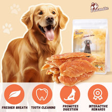 Chicken jerky dog treats with orange jerky strips and a stand-up treat pouch