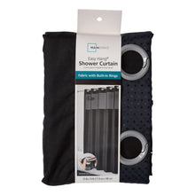 Black shower curtain in retail package with built-in rings and circular ring inserts