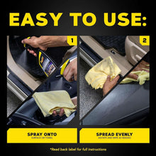 Meguiar's Ultimate Interior Detailer spray bottle with towels, spray and wipe instructions graphic