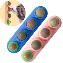 Pink and blue catnip ball wall toy with four green-brown textured balls in holders.
