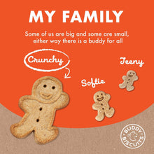 Crunchy dog treat biscuits shaped like gingerbread men, peanut butter flavor