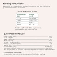 Feeding instructions chart panel on Freshpet Large Dog dry food bag