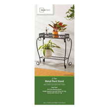 Mainstays 2-tier metal plant stand package with stand illustration and two shelves.