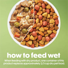 Plate with wet chicken stew and dry kibble shown in two halves