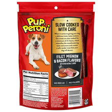 Back view of red Pup Peroni dog treat bag with pet nutrition facts and barcode.