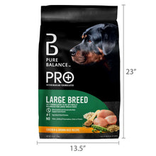 Dry dog food bag front view with dimensions marked, chicken and brown rice recipe