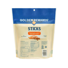 GoldenRewards dog treat sticks bag back panel with feeding and ingredient info
