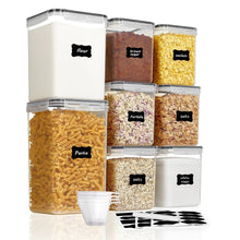Multi-canister food storage set with flour, brown sugar, oats, pasta, and clear lids