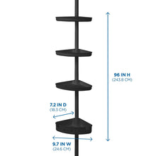 Tension pole shower caddy with 4 black tiers; 96 in height and 7.2 in depth