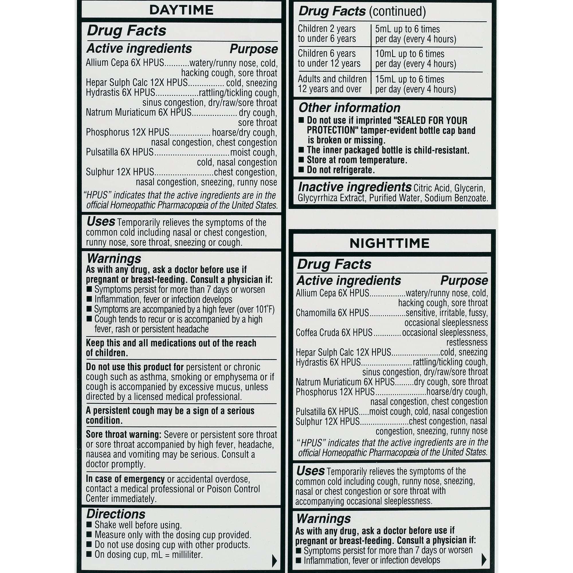 Equate Children’s Dye-Free Homeopathic Daytime & Nighttime Cold & Cough Liquid Combo Pack, 8 fl oz (2×4 fl oz)