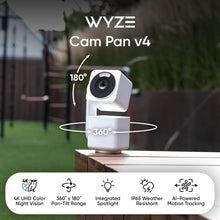 White pan-tilt security camera with 360° and 180° coverage range arrows