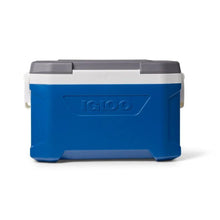 Blue hard cooler with gray lid and recessed IGLOO front panel