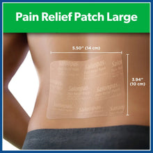 Large tan pain relief patch adhered to skin on the back area.