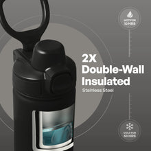 Black double-wall stainless steel water bottle with push-lock lid and carry handle