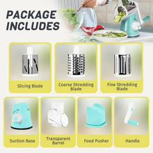 Rotary cheese grater set with suction base, food pusher, handle, and blade drums