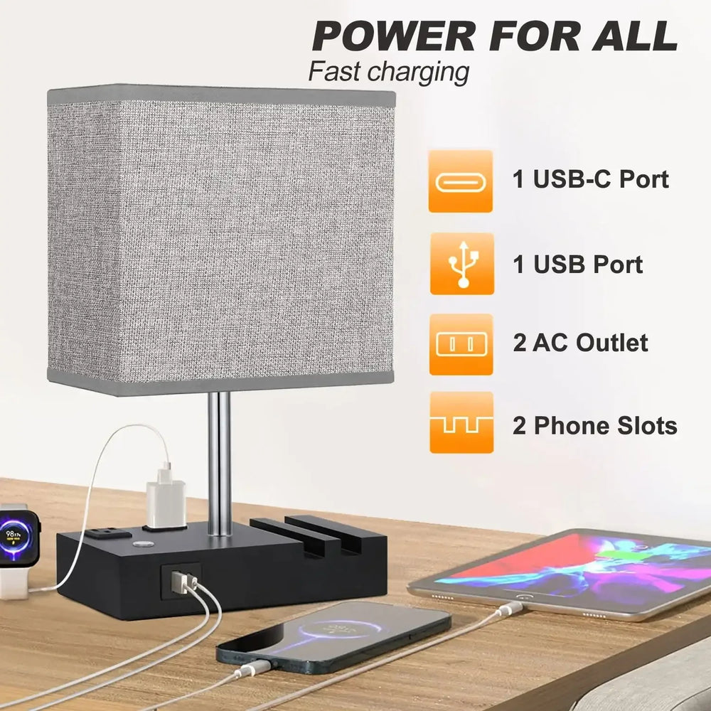 HadinEEon Bedside Table Lamps with 2 Phone Stands, Gray - USA MEGA SHOP