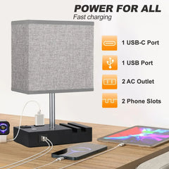 HadinEEon Bedside Table Lamps with 2 Phone Stands, Gray - USA MEGA SHOP