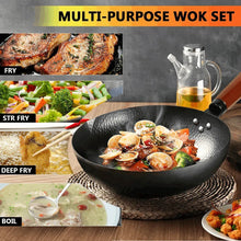 Black flat-bottom wok pan holding stir-fry ingredients, with multi-use cooking styling