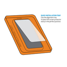 Quick installation tray for tempered glass screen protector, orange alignment tool