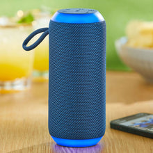 Navy Bluetooth speaker with blue LED base and attached carry strap