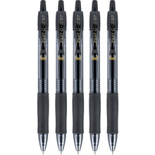 Five retractable fine-point gel ink pens with black barrels and visible tips