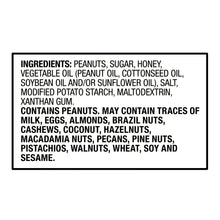 Ingredients label for honey-roasted peanuts listing peanuts, sugar, honey, oil, and salt