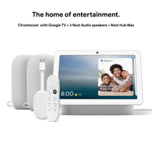 Chromecast with Google TV with Nest Hub Max, remote, and charging cables