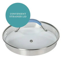 Stainless sauce pan lid with built-in strainer feature