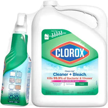 Clorox cleaner with bleach bottles: green spray bottle and Original refill jug.